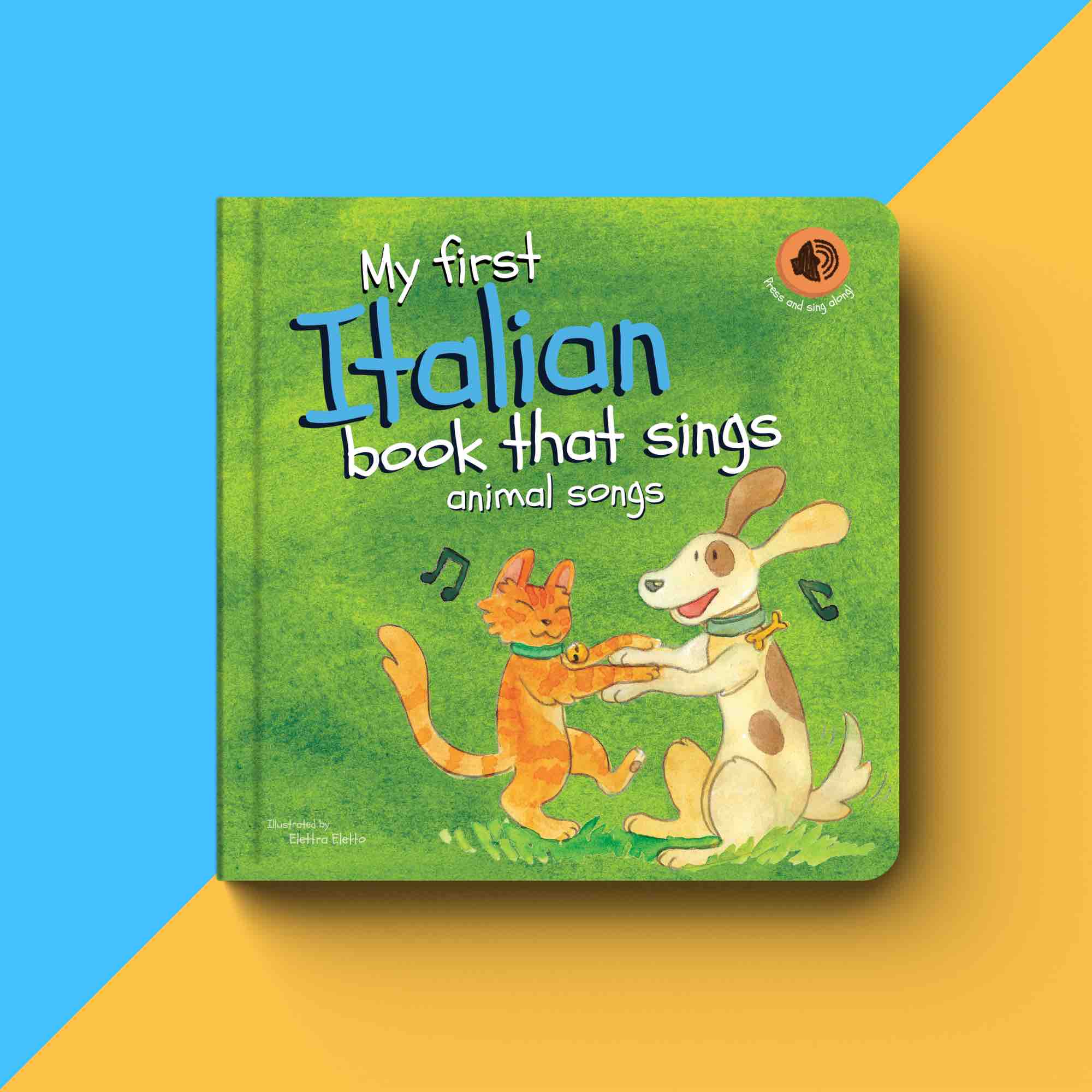 Children's book titled 'My first Italian book that sings animal songs' on a colorful background