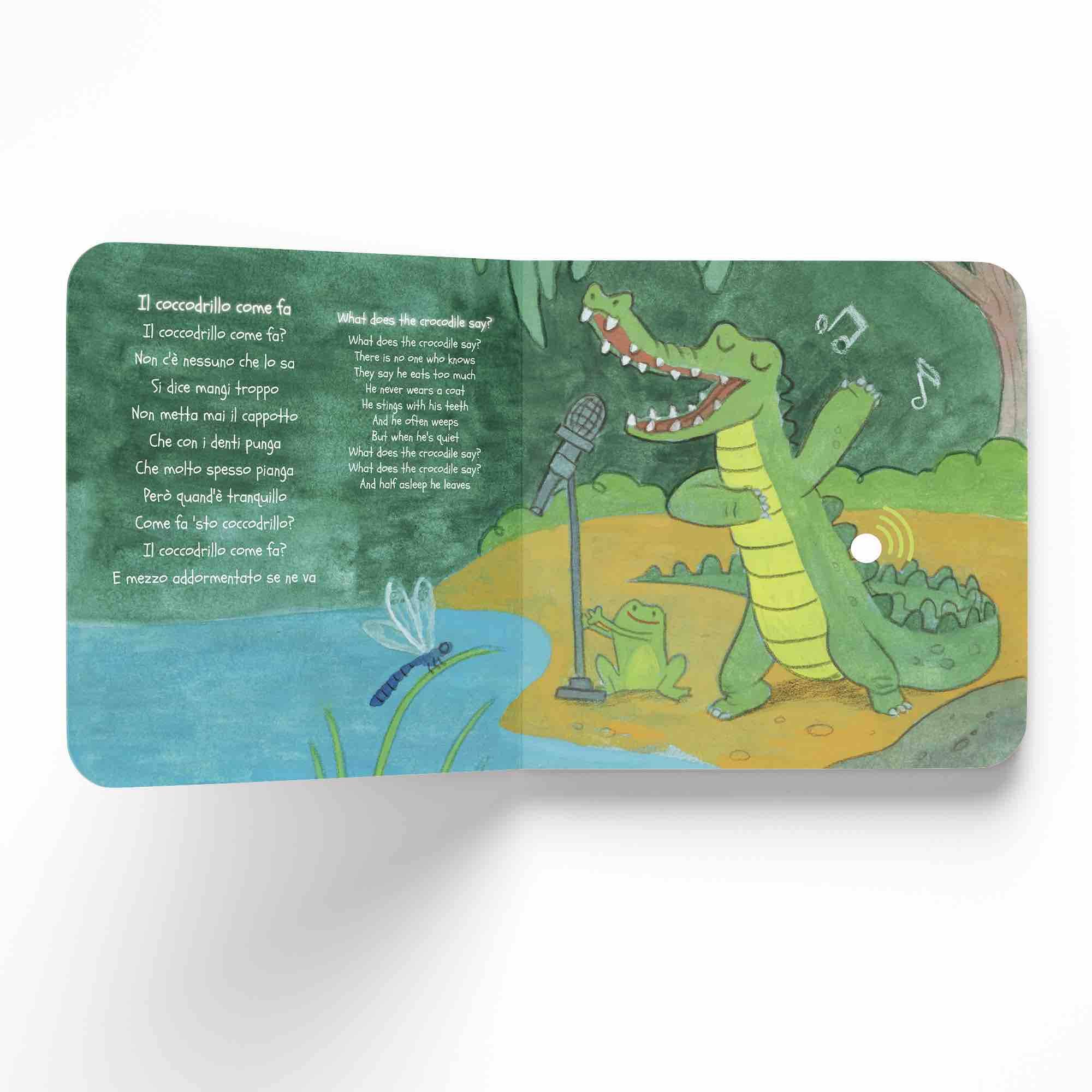 Children's book page with a crocodile and frog illustration on a white background