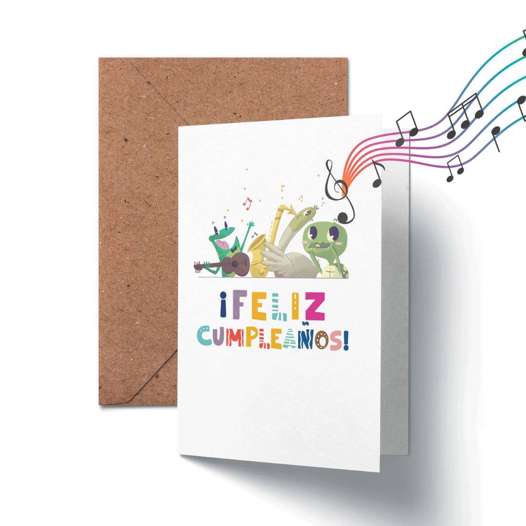 Greeting card with colorful illustrations of hands playing instruments and musical notes, featuring the text 'ifeliz cumpleaños!' on a white background.