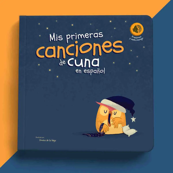 Children's book titled 'Mis primeras canciones de cuna en español' with a cartoon character on a blue background