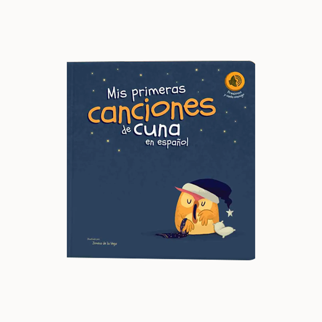 Children's book titled 'Mis primeras canciones de cuna en español' with a cartoon character on a blue background