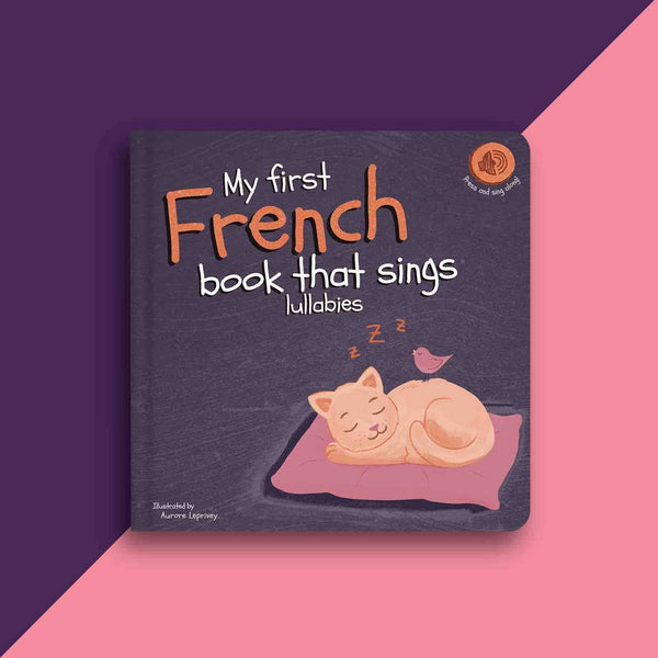 Children's book titled 'My first French book that sings lullabies' with a cat illustration on a purple and pink background.