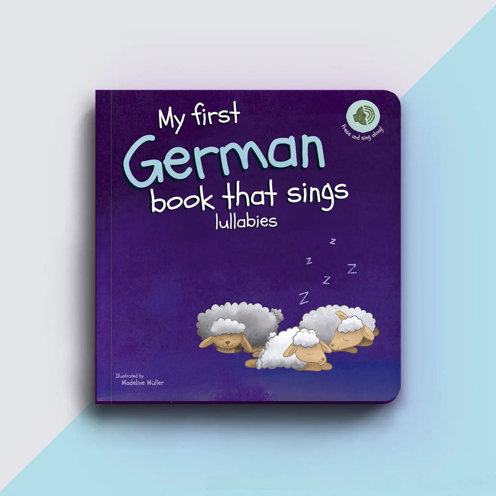 Children's book titled 'My first German book that sings lullabies' with sheep illustrations on a purple background.