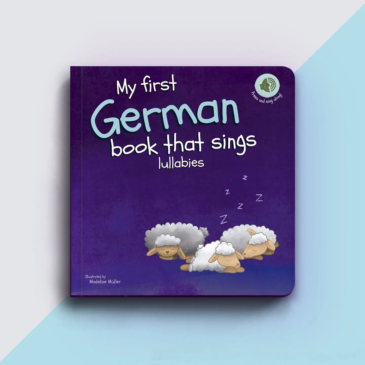 Children's book titled 'My first German book that sings lullabies' with sheep illustrations on a purple background.