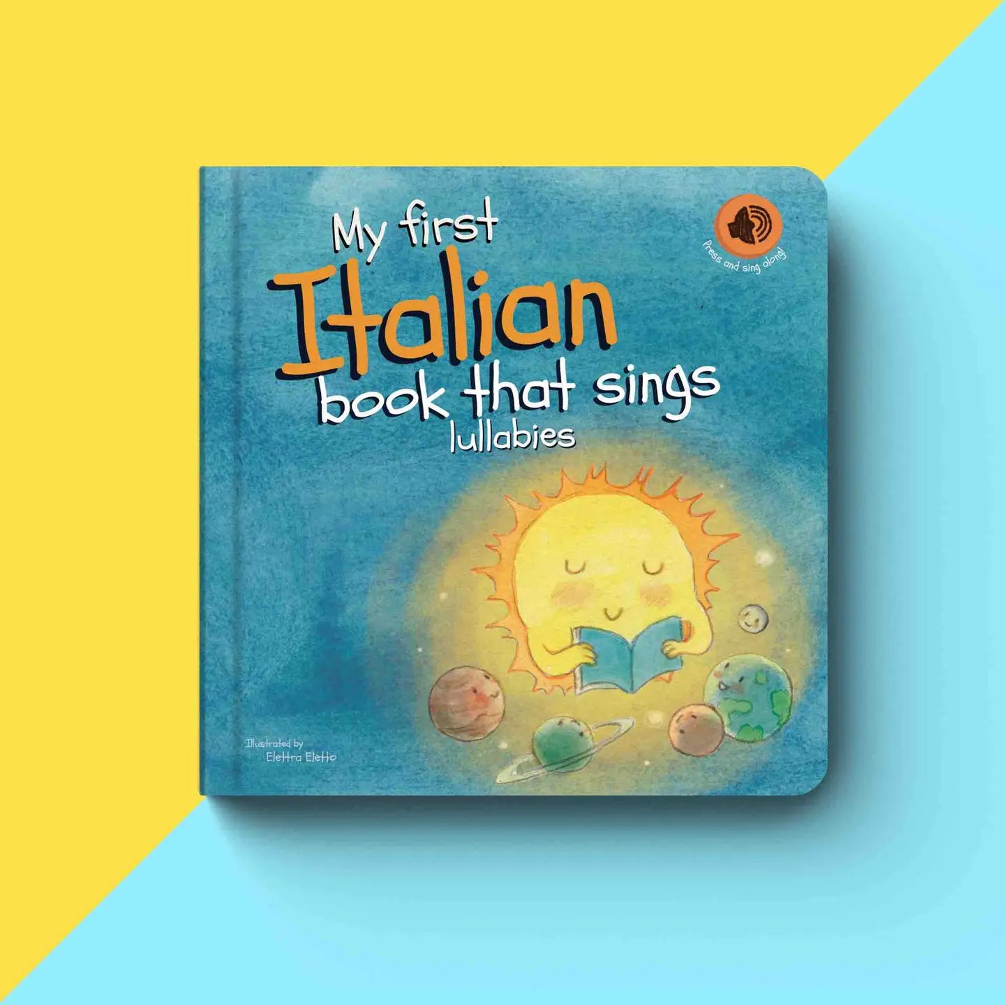 Children's book titled 'My first Italian book that sings lullabies' on a blue and yellow background