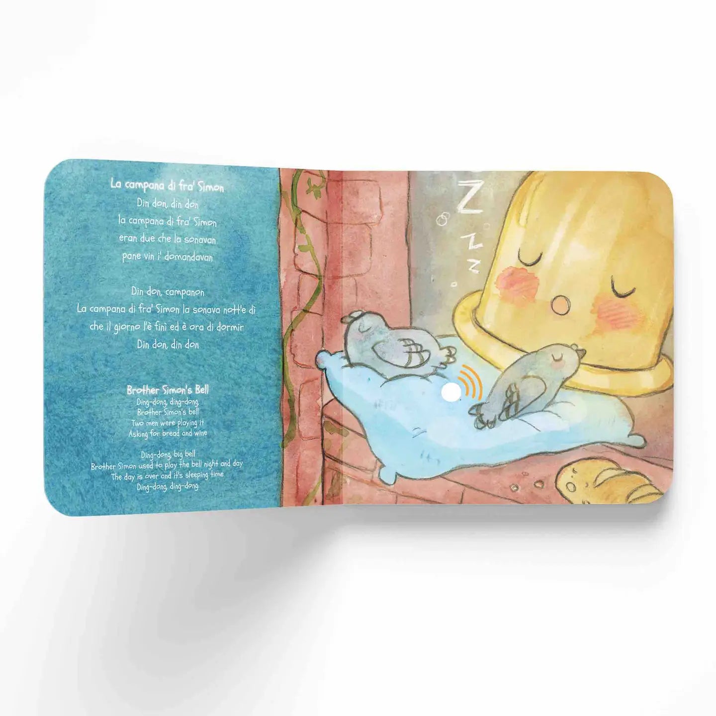 Children's book page with a cartoon lamp and birds, on a white background