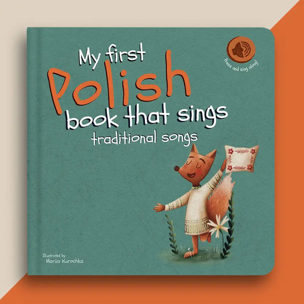 Children's book titled 'My first Polish book that sings traditional songs' with a fox illustration on a teal background.