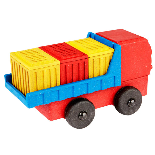Colorful toy truck with red, yellow, and blue containers on a white background