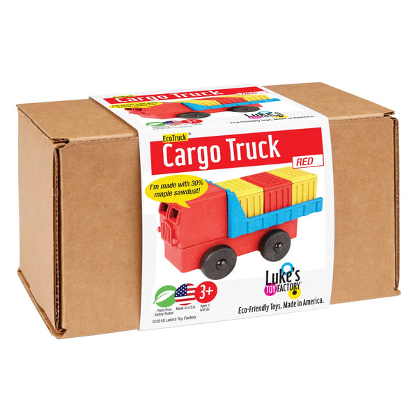 Cardboard box with a toy cargo truck packaging on a white background