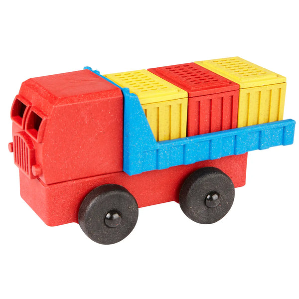 Colorful toy truck with red cab, blue bed, and yellow containers on a white background