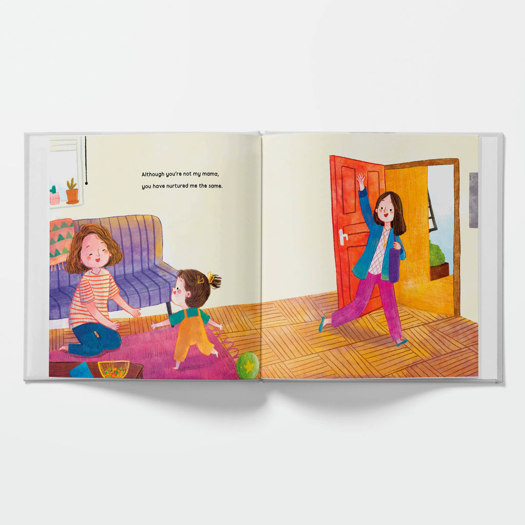 An open children's picture book showing two illustrated scenes on the left and right pages. The left page has text and shows a woman sitting on the floor next to a child in a living room.