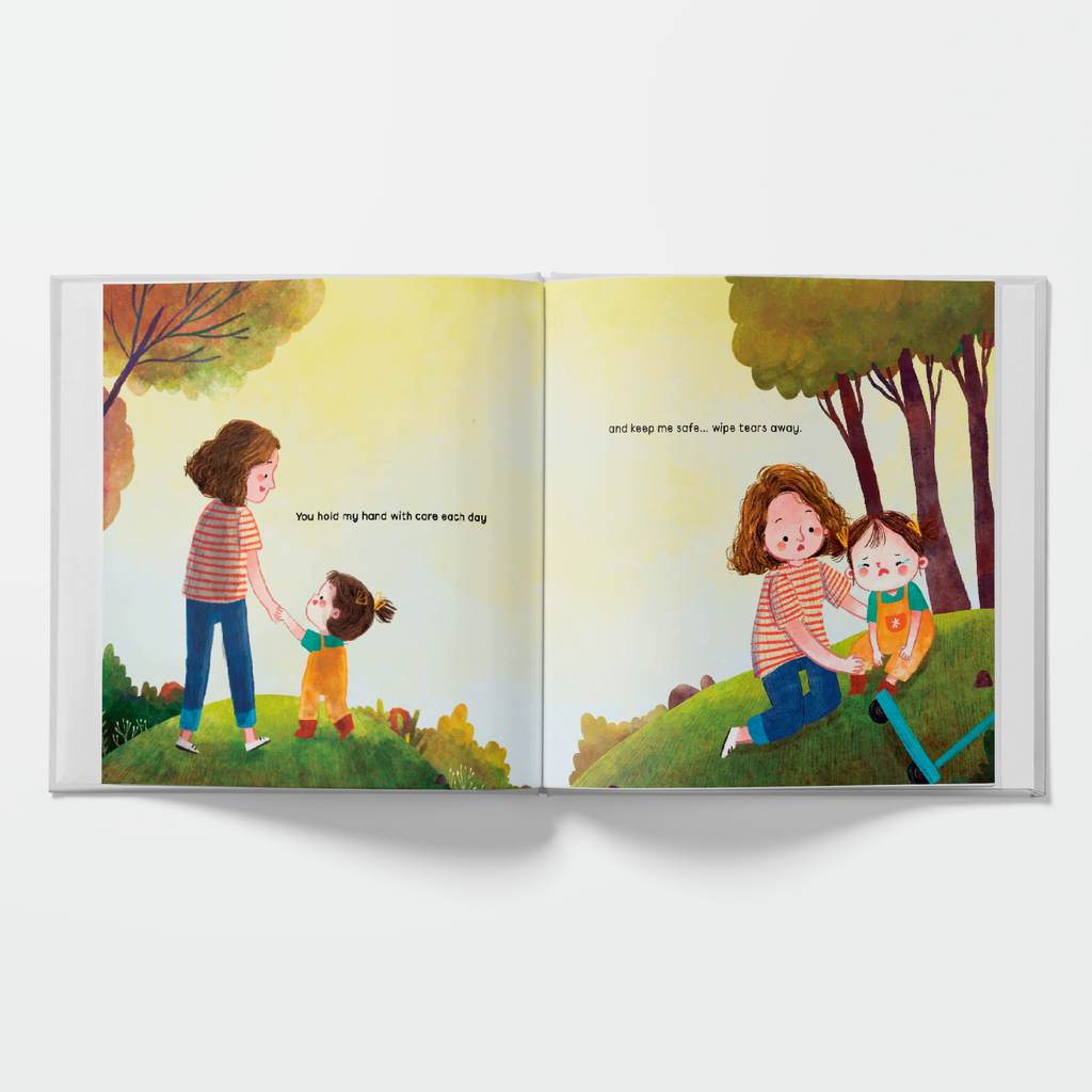 Illustrated book open to two pages showing children playing outdoors.
