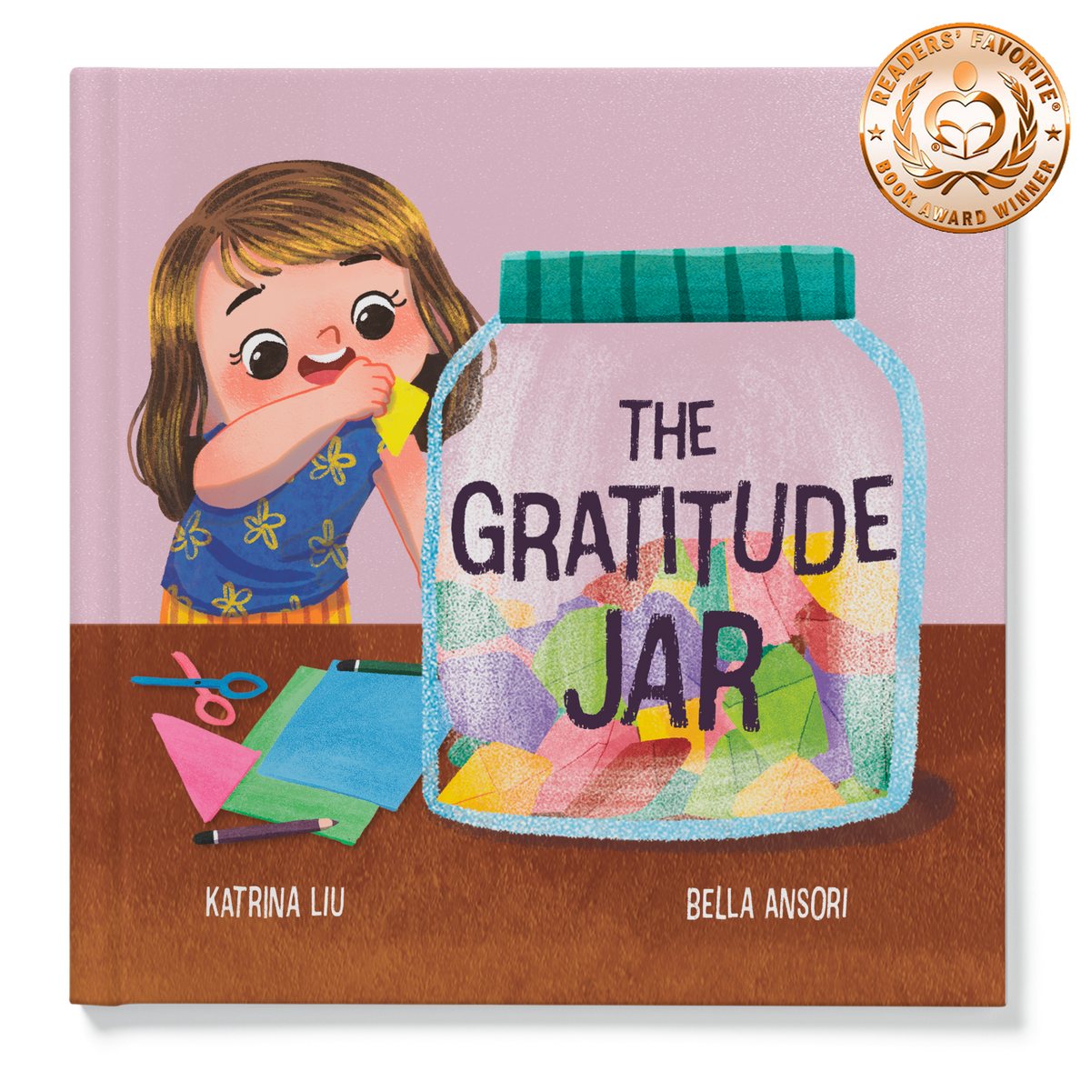 Children's book cover titled "The Gratitude Jar" by Bella Ansori, featuring an illustration of a girl adding a yellow item to a large gratitude jar on a table. The book is shown against a light gray background with a gold "Reader's Favorite" badge in the top right corner.