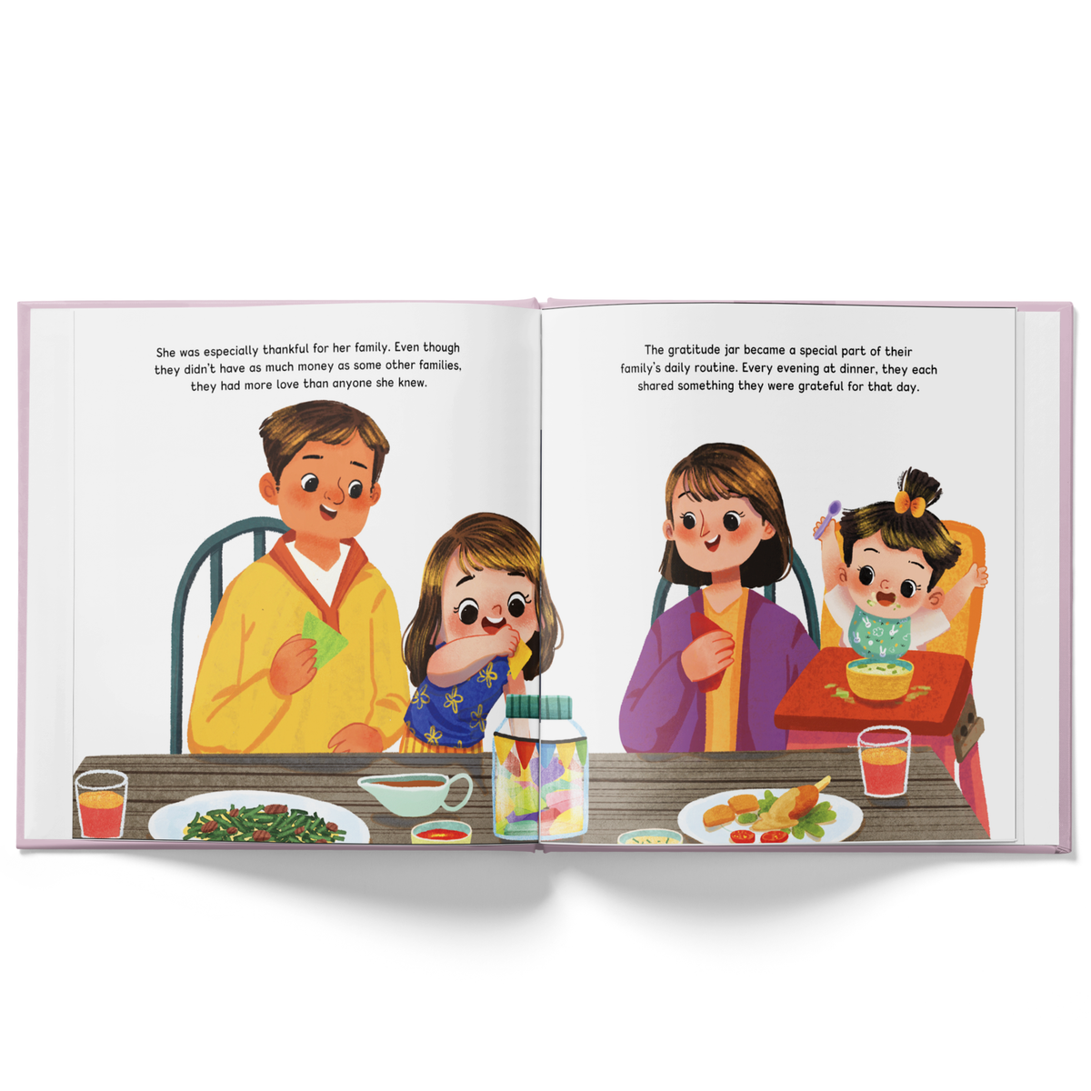 An open children's picture book with illustrated family scenes on the left and right pages, photographed against a plain white background.