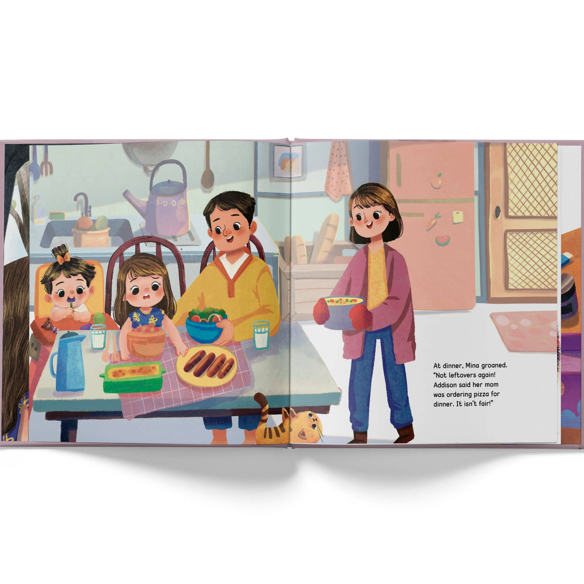 An illustrated children's book spread showing a family dinner scene in a kitchen. A man in a yellow shirt cooks, a woman in a pink jacket serves food, and two children sit at the table.