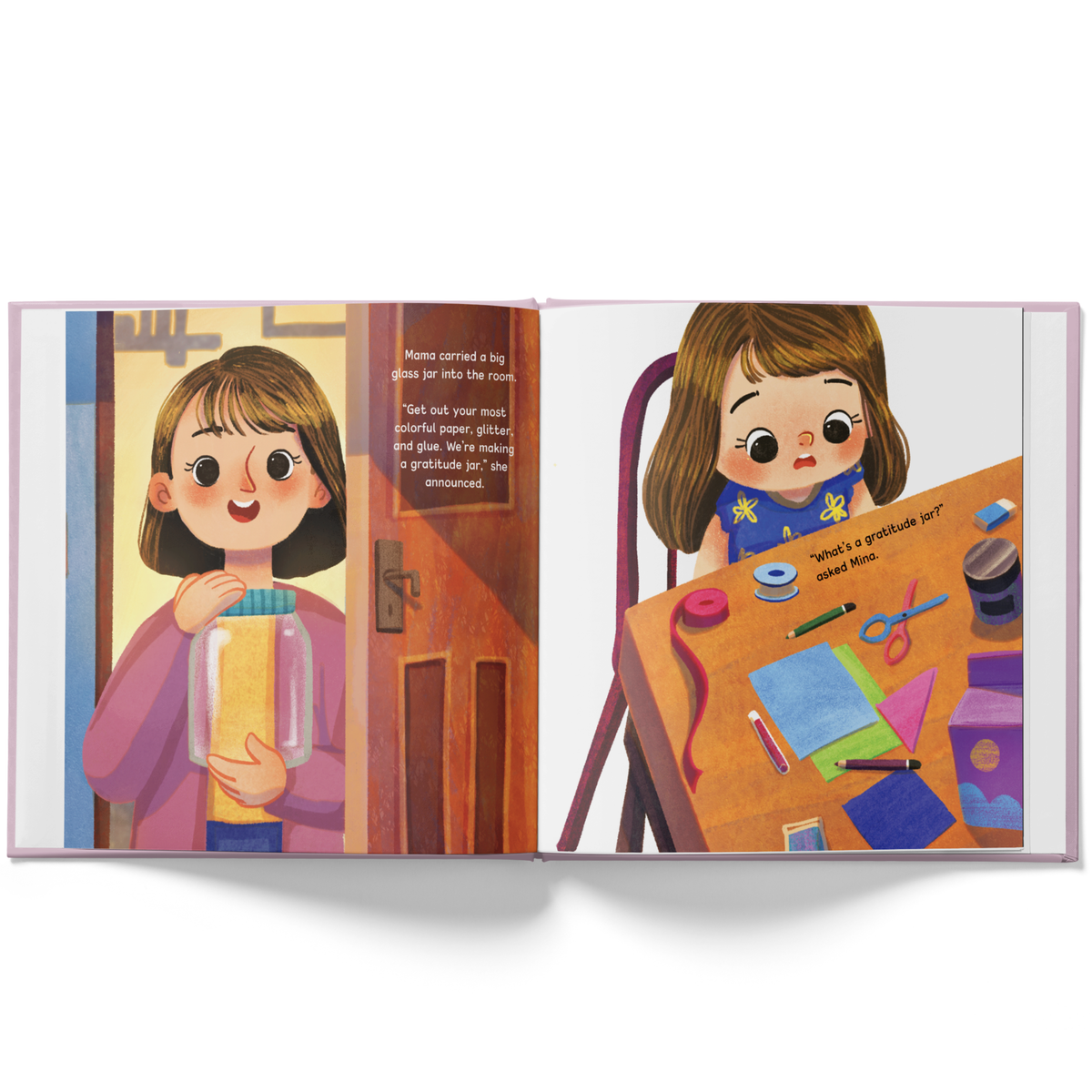 An illustrated children's book spread showing a cartoon girl holding a glass jar in a doorway and working at a craft table with colorful paper pieces. The pages are shown against a plain white background.