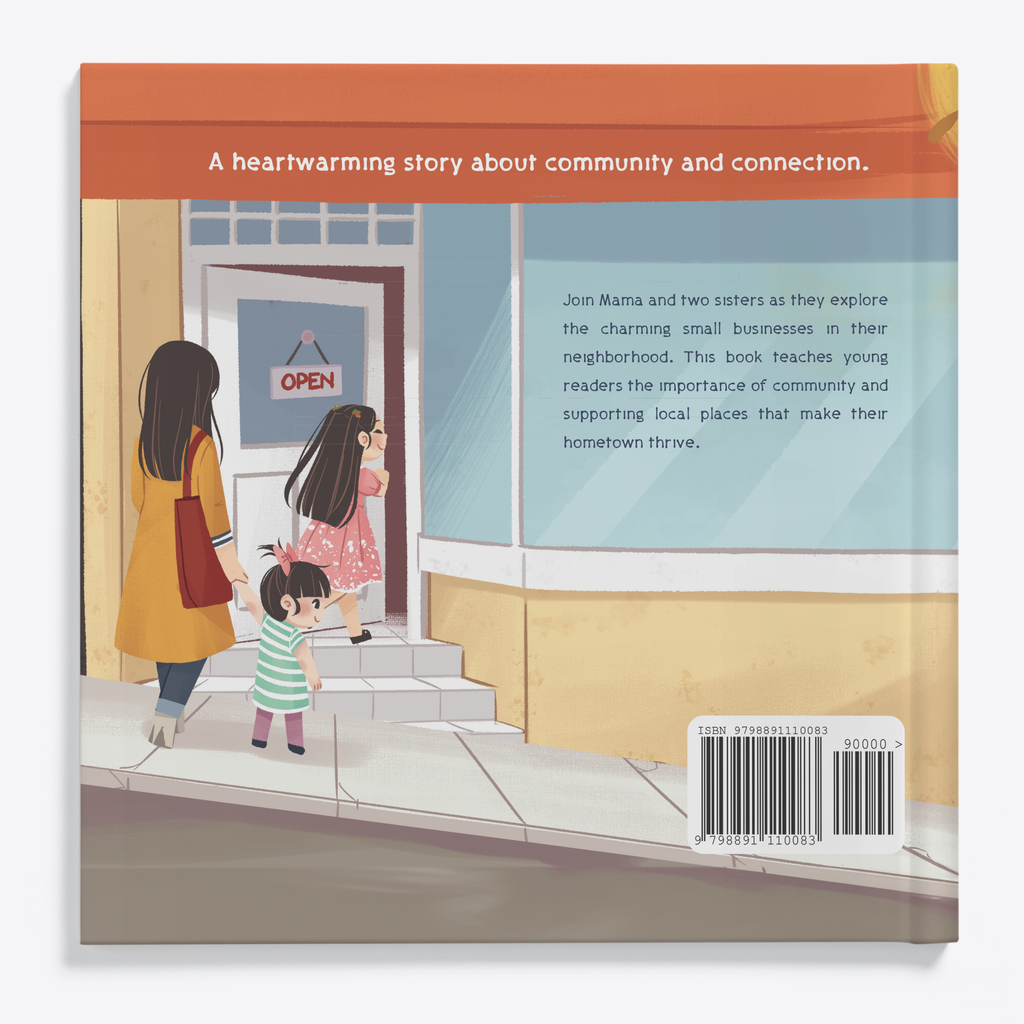 Book cover with illustration of a family walking into a store, text about community and connection.