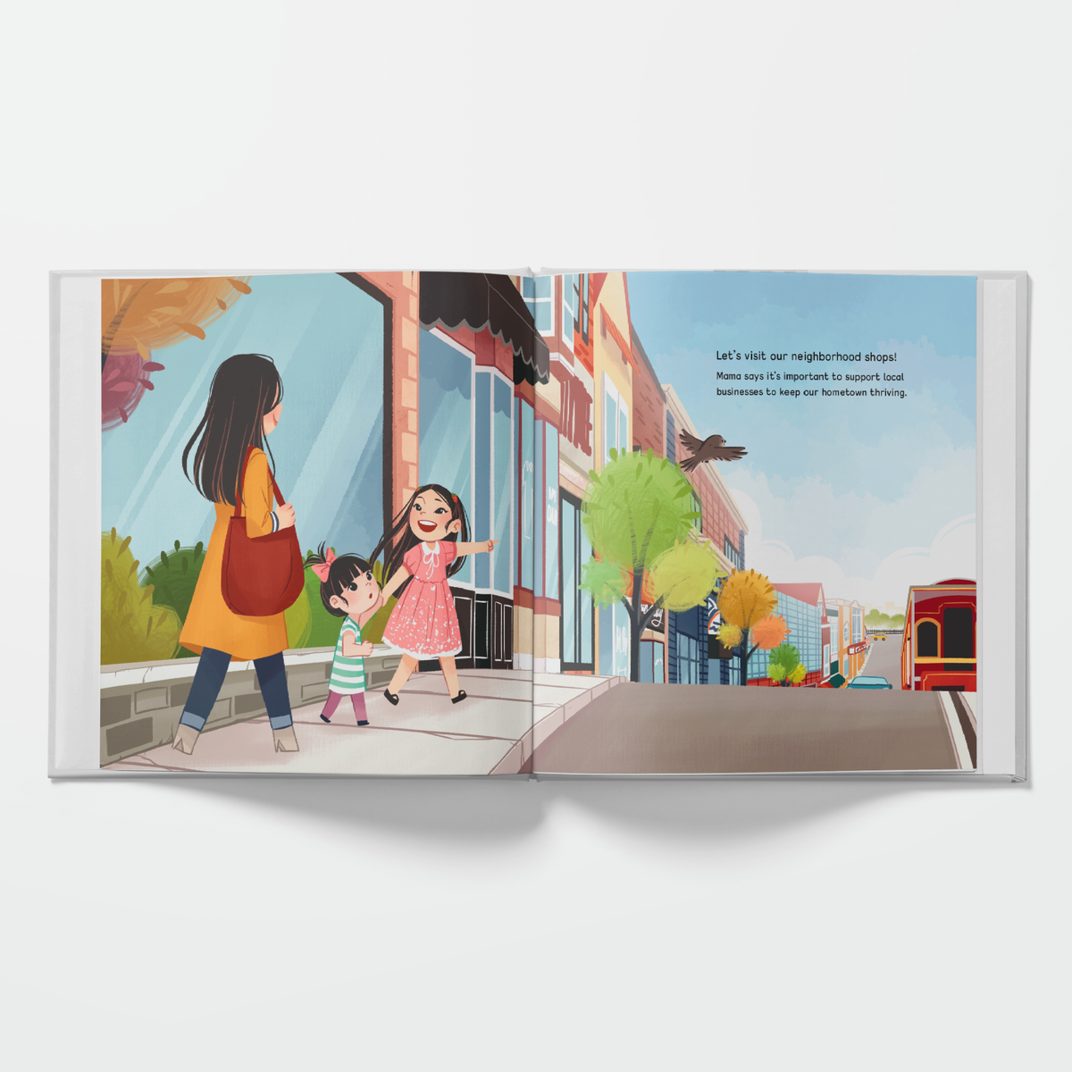 Illustrated book page showing a woman and two children walking on a sidewalk with a building and tree in the background.