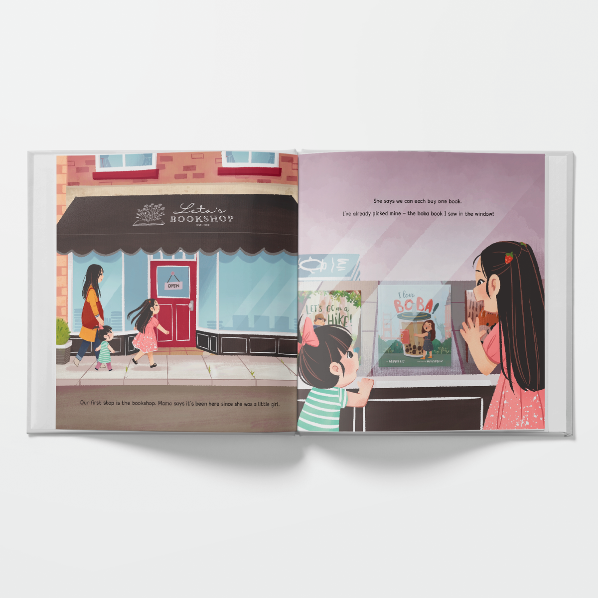 Illustrated book open to a page showing a bookshop and people looking inside