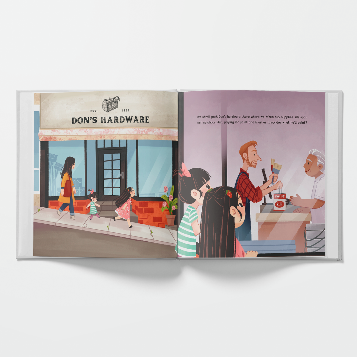 Illustrated book open to a page showing a hardware store named 'Don's Hardware'.