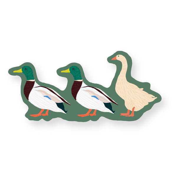 Vinyl duck-shaped sticker with three ducks on a white background