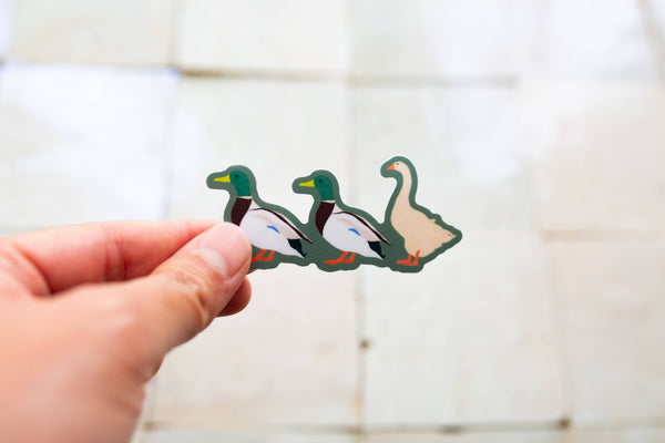 Three duck-shaped stickers held by a hand against a blurred background