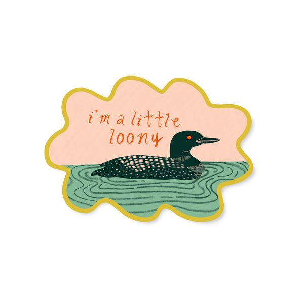 Illustration of a loon with a speech bubble saying 'i'm a little loony' on a white background