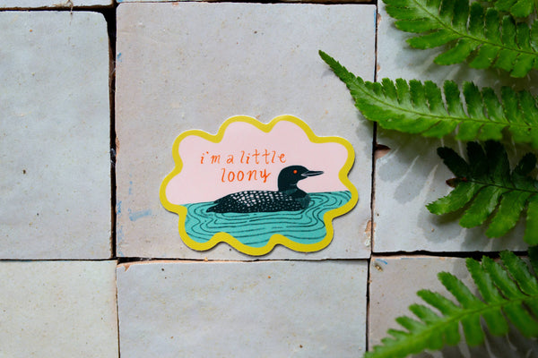 Sticker of a loon on water with 'i'm a little loony' text on tiled floor with ferns