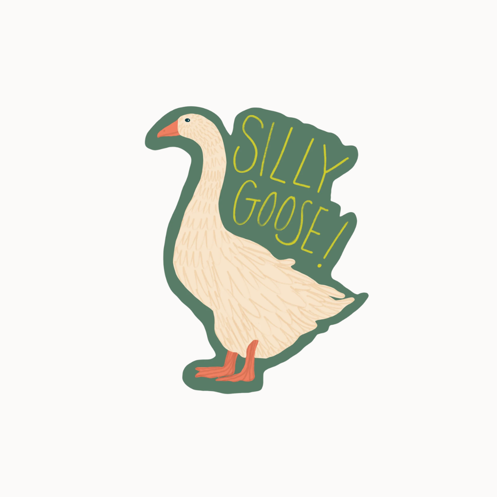A stylized goose illustration with the words “SILLY GOOSE!” in yellow on a dark green shape, shown on a plain light background.