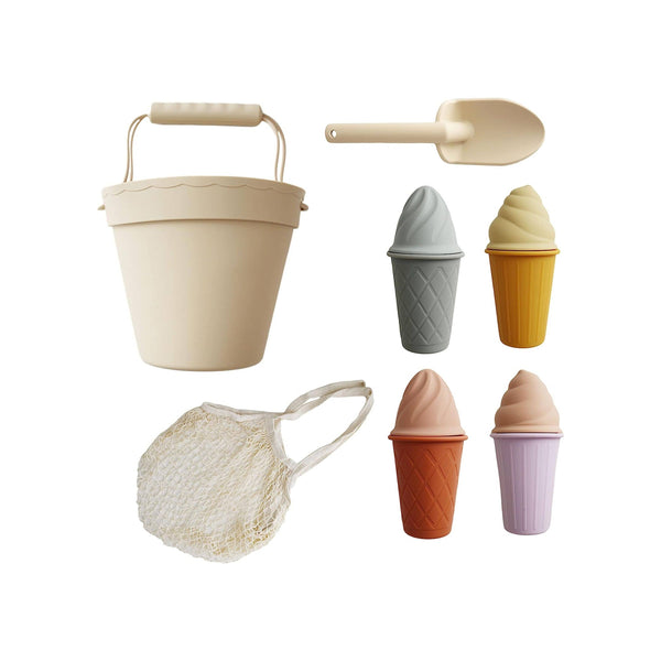 Set of children's sand toys including a bucket, spade, and ice cream-shaped molds on a white background.