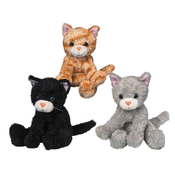 Three plush toy cats in black, orange, and gray on a white background