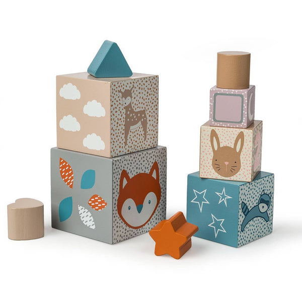 Set of wooden blocks with animal and shape designs on a white background