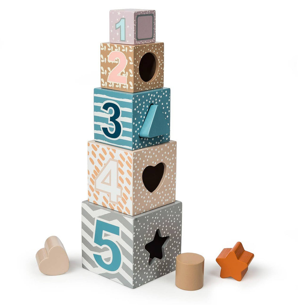 Stack of colorful wooden blocks with numbers and shapes on a white background