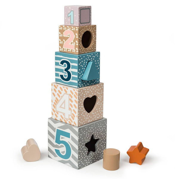 Stack of colorful wooden blocks with numbers and shapes on a white background