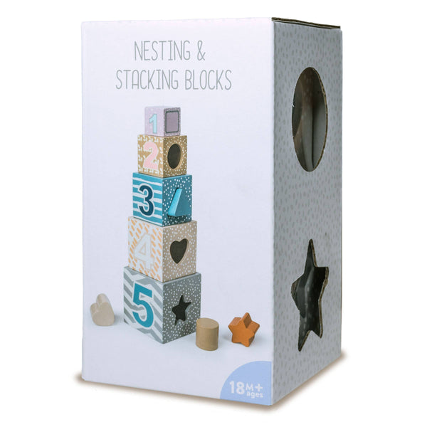 Box of nesting and stacking blocks with colorful blocks on a white background