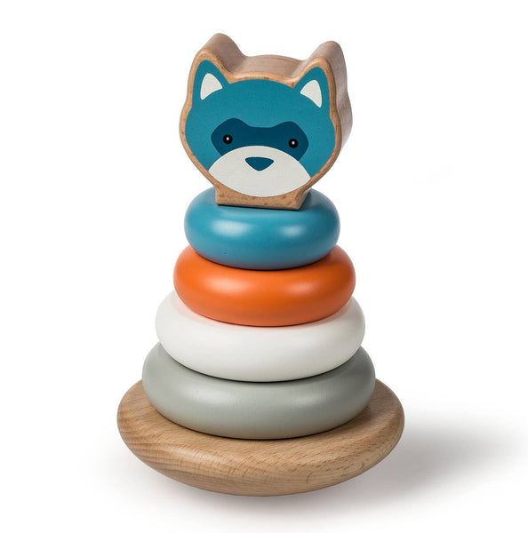 Wooden stacker toy with fox design on a white background