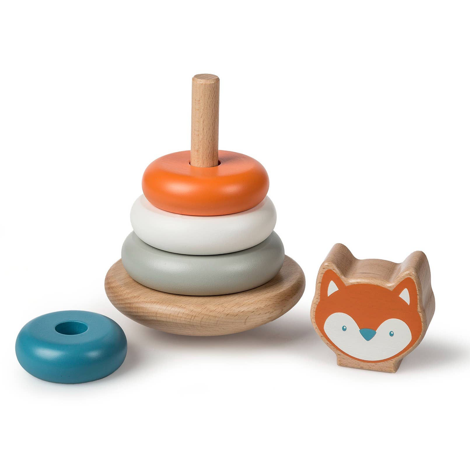 Wooden toy stacker with colorful rings and a fox-shaped block on a white background