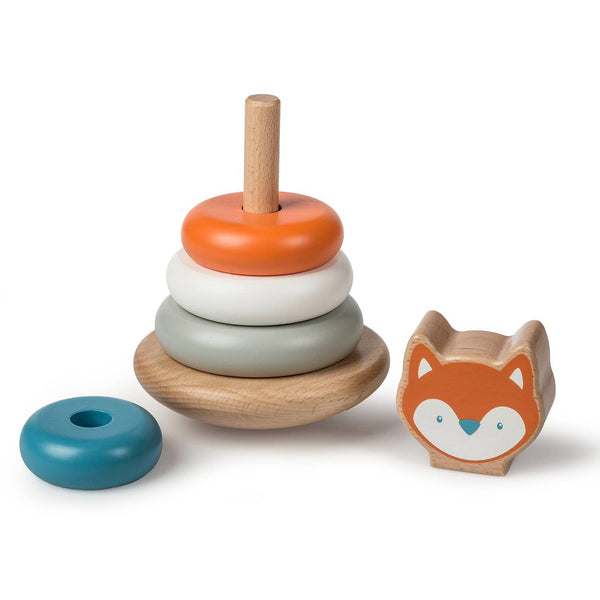Wooden toy stacker with colorful rings and a fox-shaped block on a white background