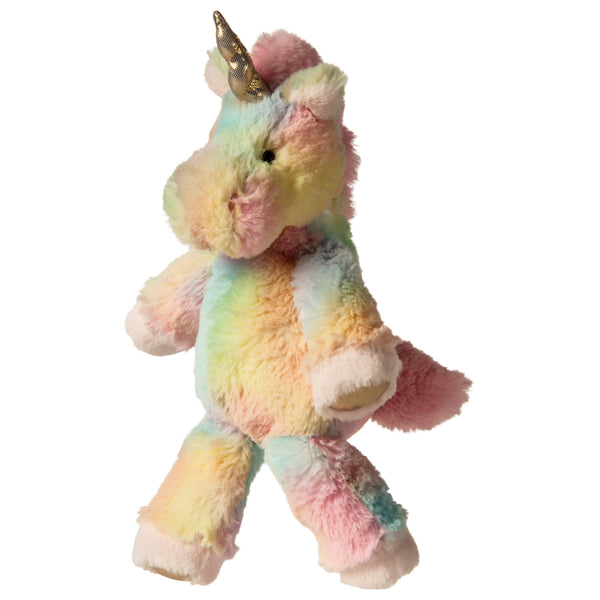 Pastel-colored unicorn plush toy on a white background
