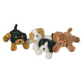 Four plush dog toys in different colors on a white background
