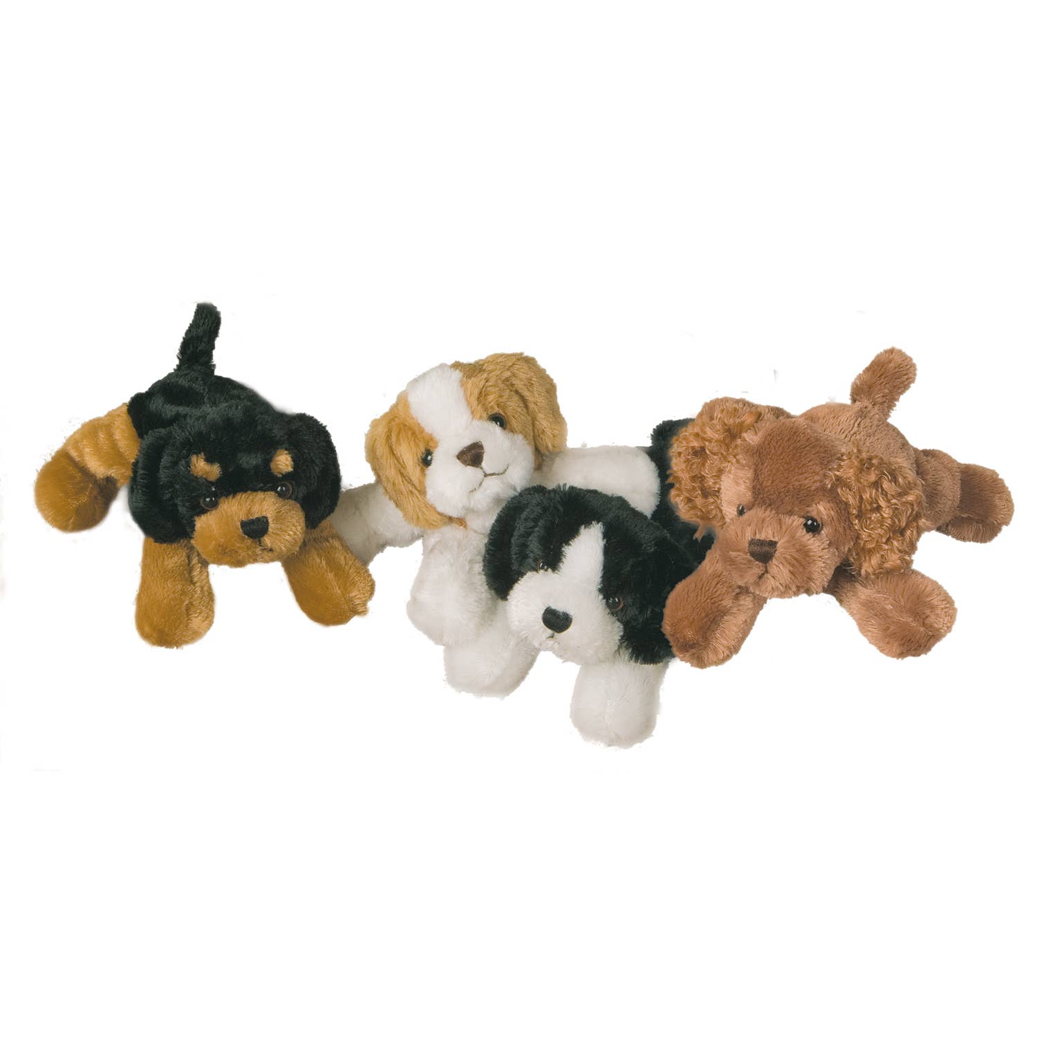 Four plush dog toys in different colors on a white background