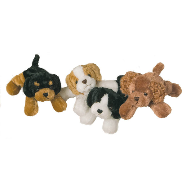 Four plush dog toys in different colors on a white background