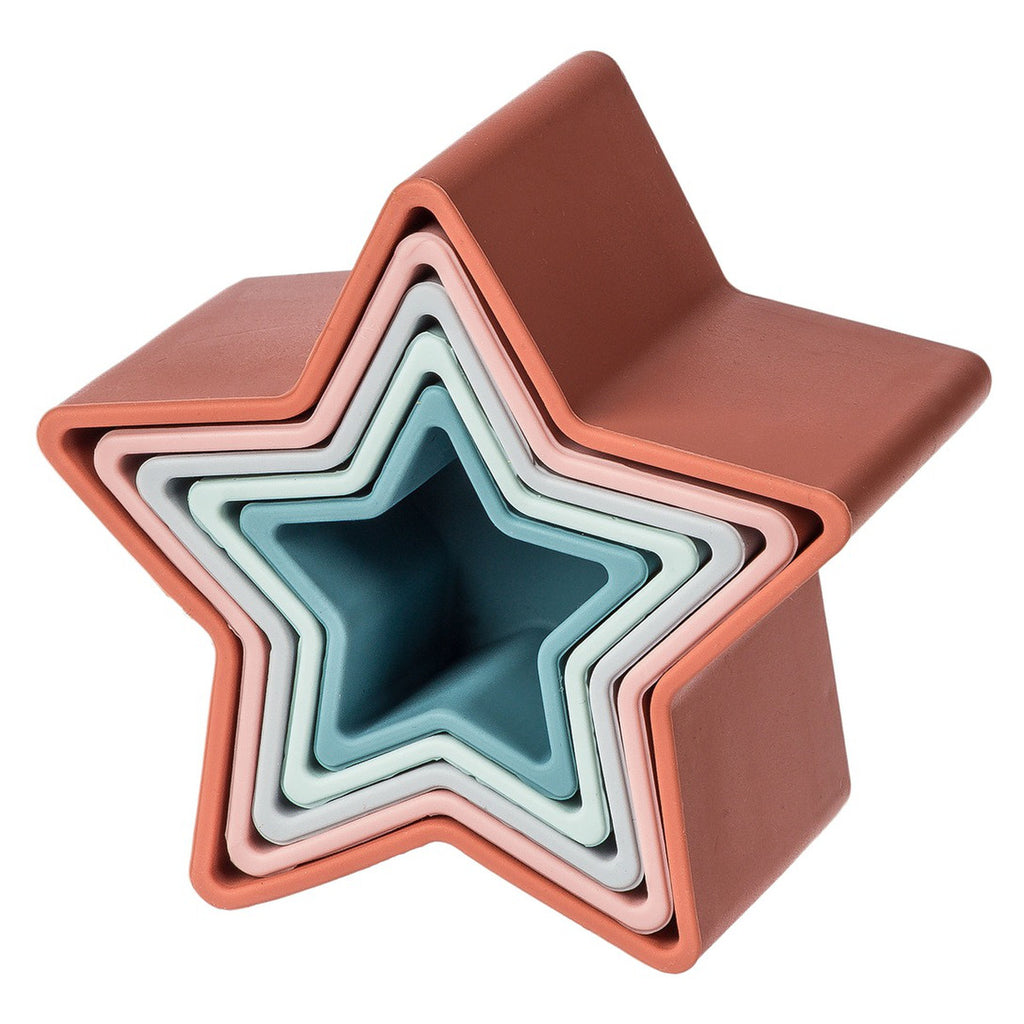 Stack of star-shaped silicone cups in various colors on a white background