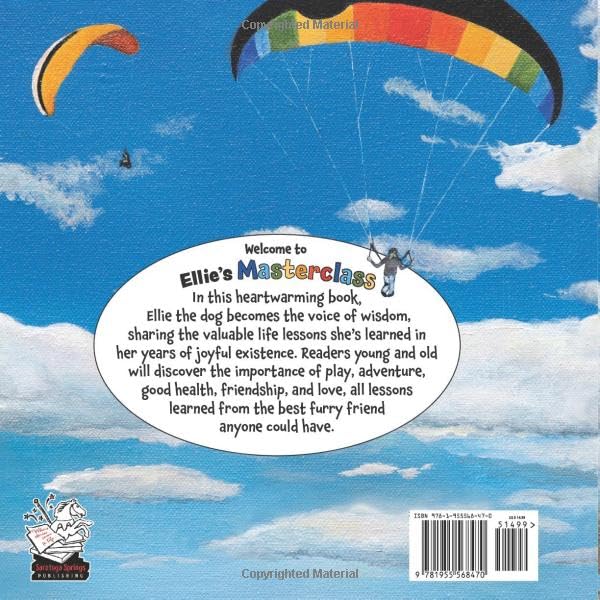Back cover of the children's book 'Ellie's Masterclass' featuring a bright blue sky with clouds and two colorful parachutes, plus a large white oval containing the book's title and synopsis.