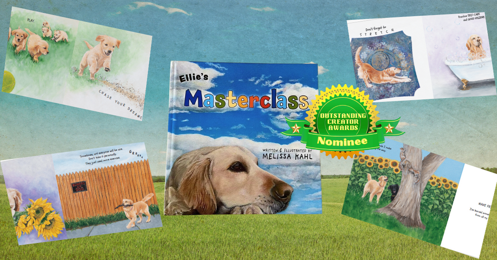 A collage-style product display featuring a children's book titled "Ellie's Masterclass" with a golden retriever on the cover, surrounded by illustrated dog-themed cards and pages on a grassy blue sky background. A green badge reads "With Loving Creation Award Nomine.