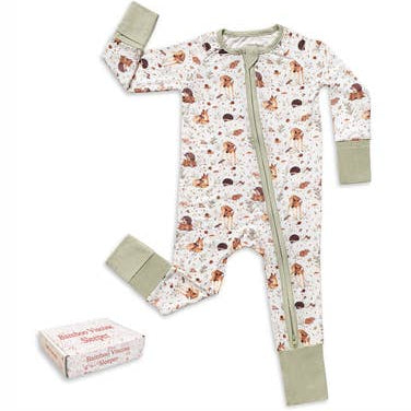 Baby onesie with animal print and green accents on a white background