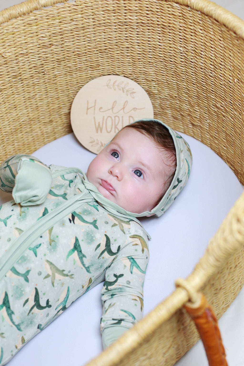 A baby wearing a sage green hooded onesie with a dinosaur print, lying inside a woven wicker Moses basket with a white mattress and a wooden 'Hello World' sign.