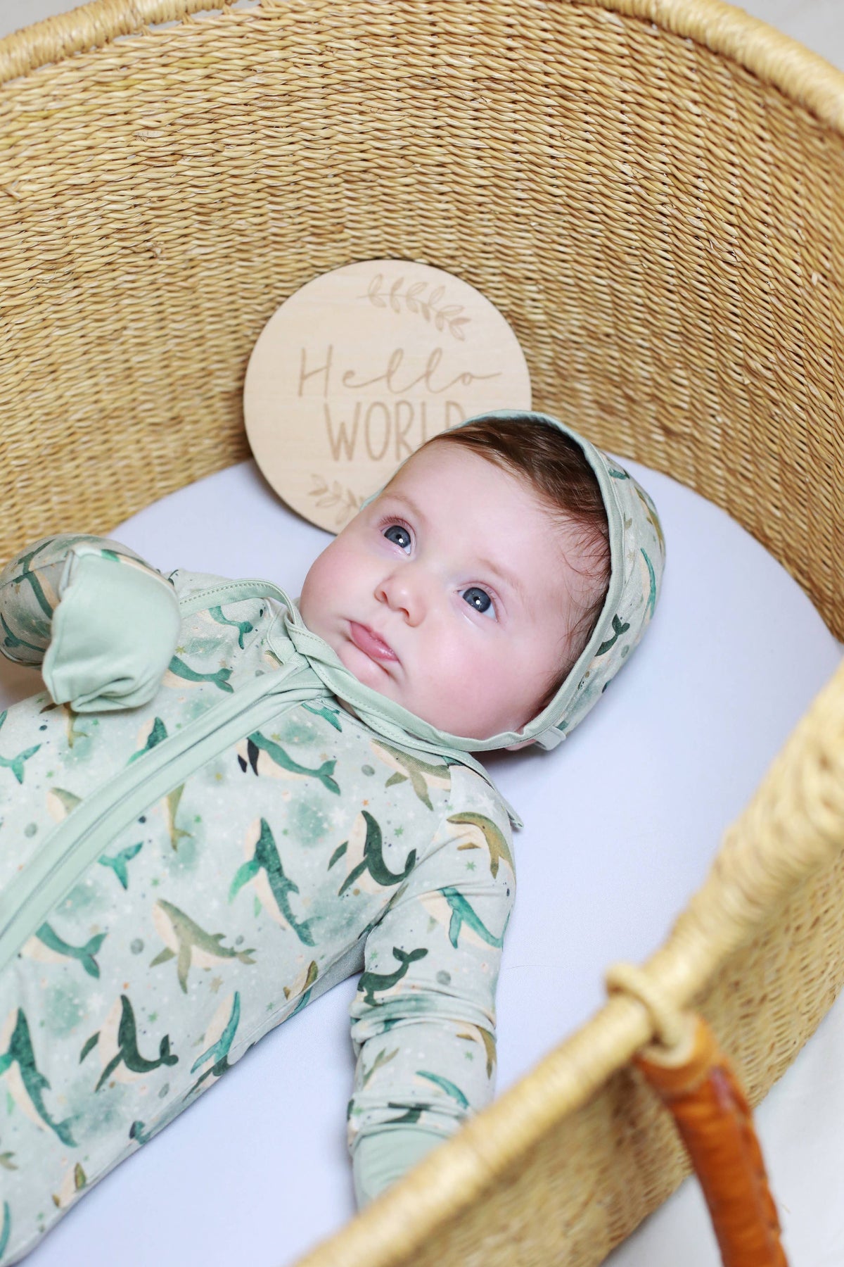 A baby wearing a sage green hooded onesie with a dinosaur print, lying inside a woven wicker Moses basket with a white mattress and a wooden 'Hello World' sign.