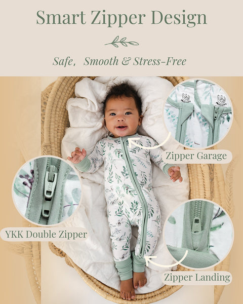 Baby in a floral onesie lying on a white blanket with text and images highlighting a smart zipper design.