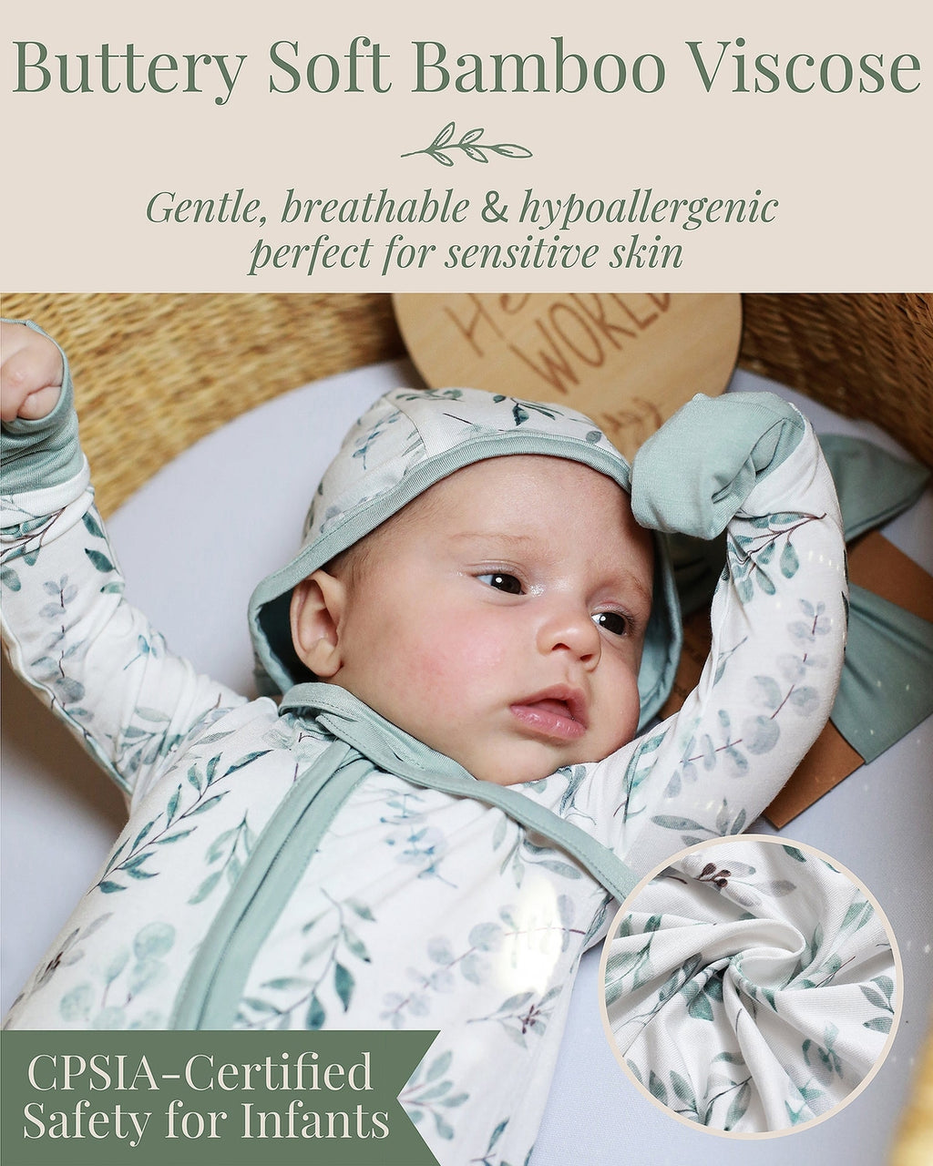 Baby wearing a green and white outfit with text about bamboo viscose fabric